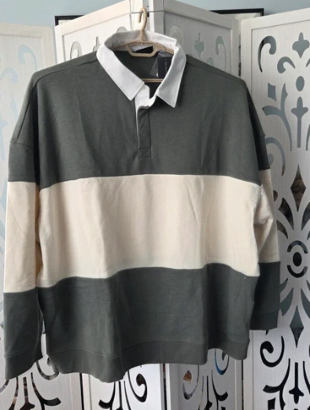 No Boundaries Rugby Sweatshirt Mens 2XL Colorblock Pullover Olive Green Cream